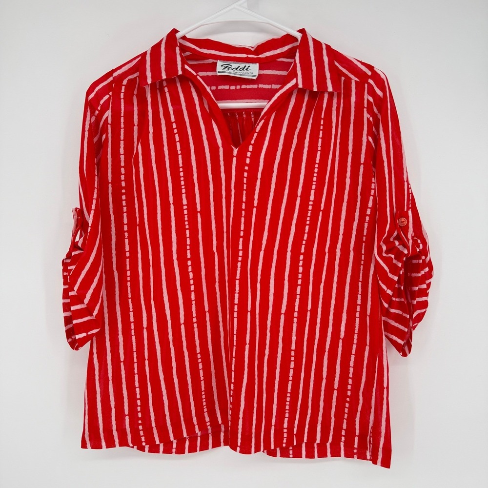 Vtg Teddi of CA Red White Striped Roll‎ Tab Sleeve Collared Shirt Blouse Size 10